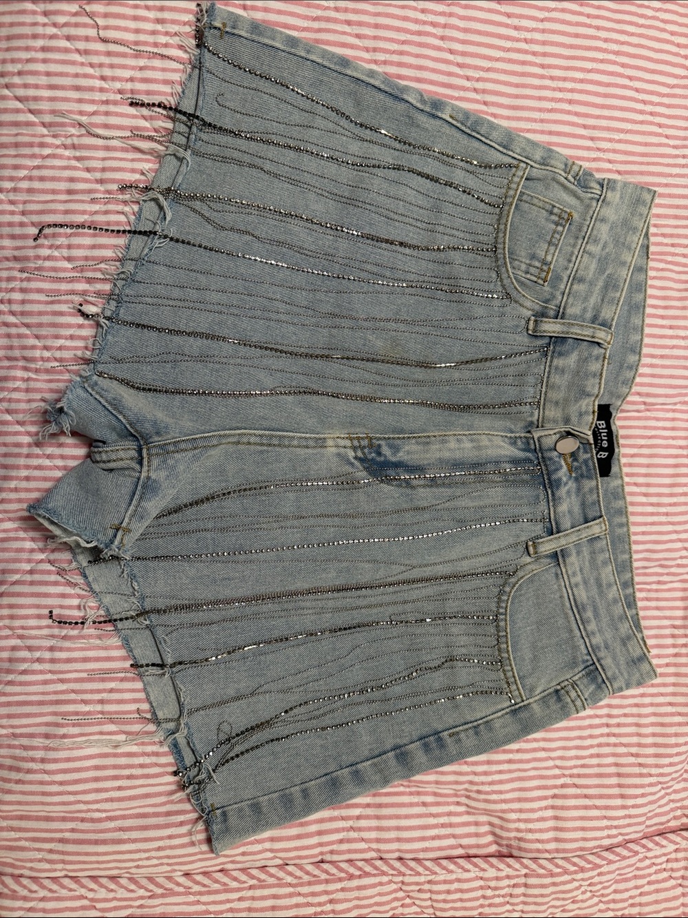 Buckle Light Blue Denim Shorts with Sequin Stripes